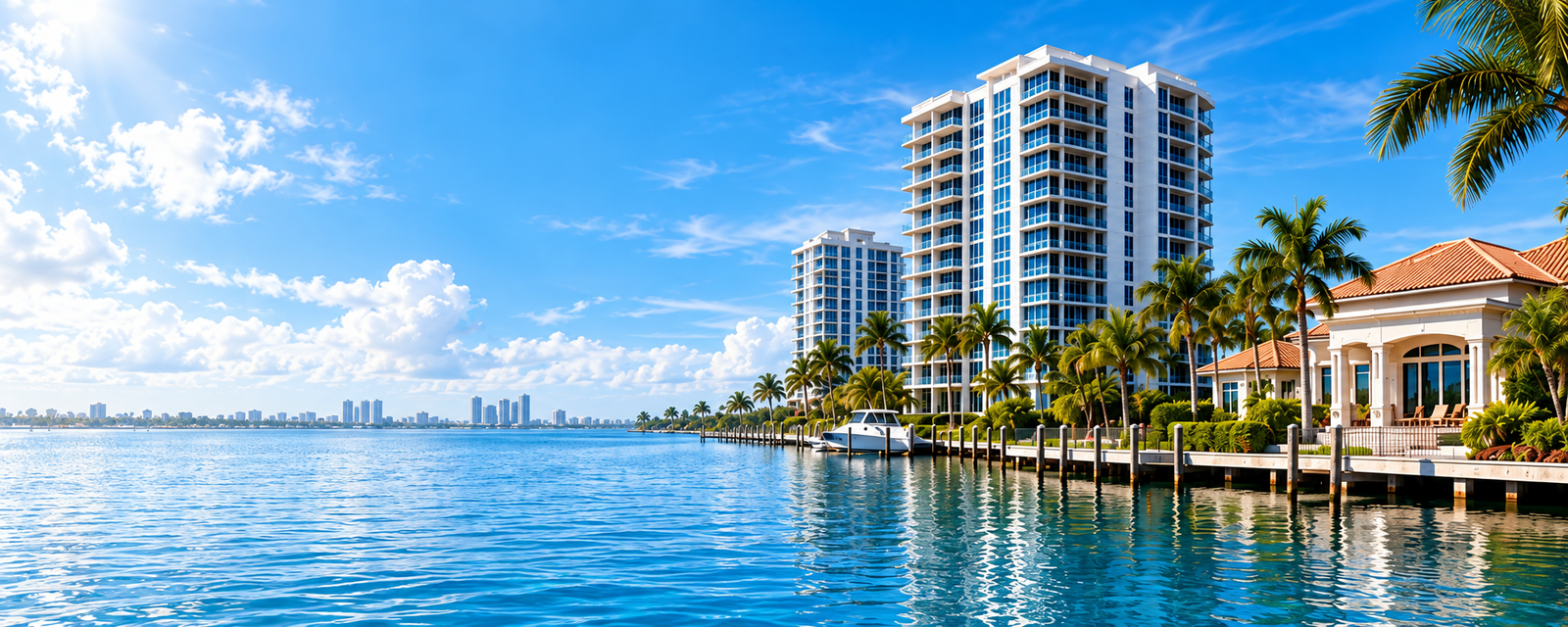 Southwest Florida waterfront with condominium towers and palms