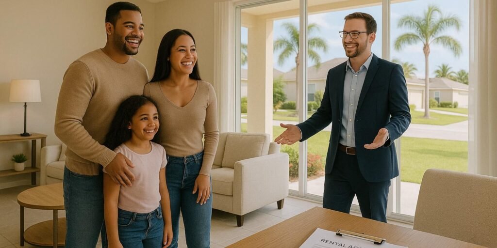 a property manager walking prospective tenants through a clean, bright rental home.