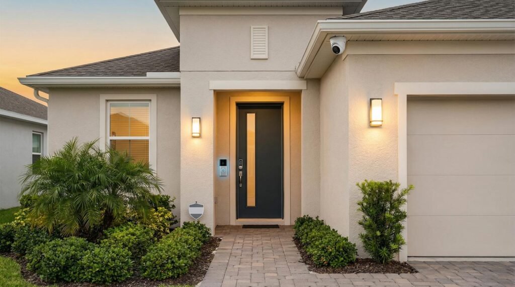 a realistic image of a secured residential entrance with a visible outdoor security camera.