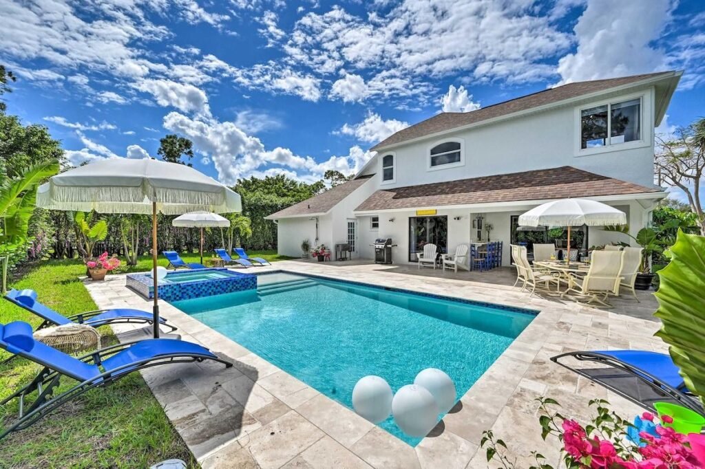 a well-maintained vacation rental with a pool or patio, rather than a hotel or resort.