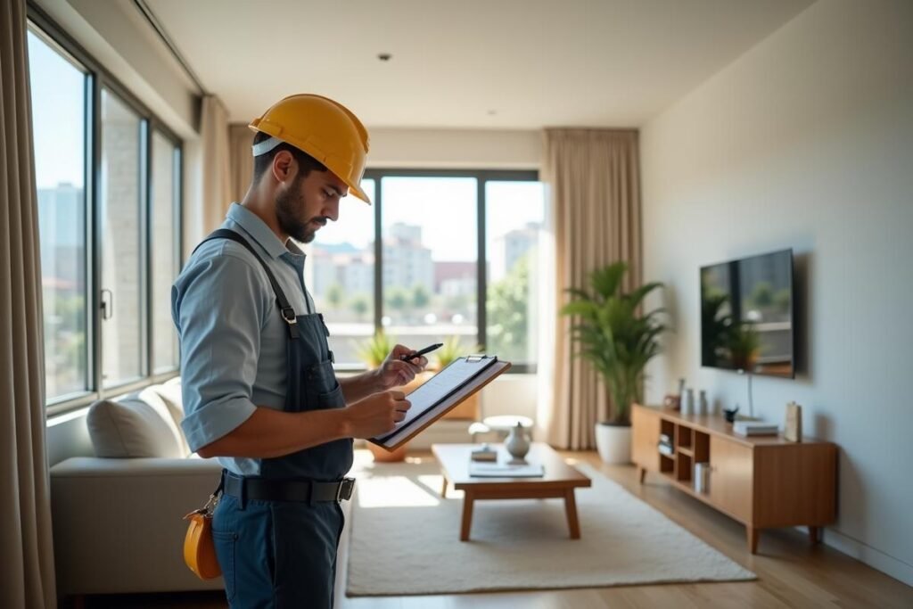 a property maintenance professional inspecting a home's interior and recording observations on a clipboard.