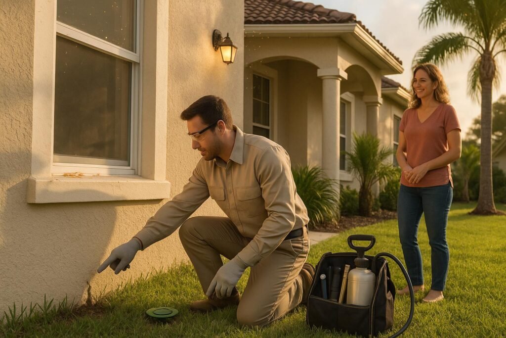 a pest-control professional inspecting the outside foundation of a residential home.