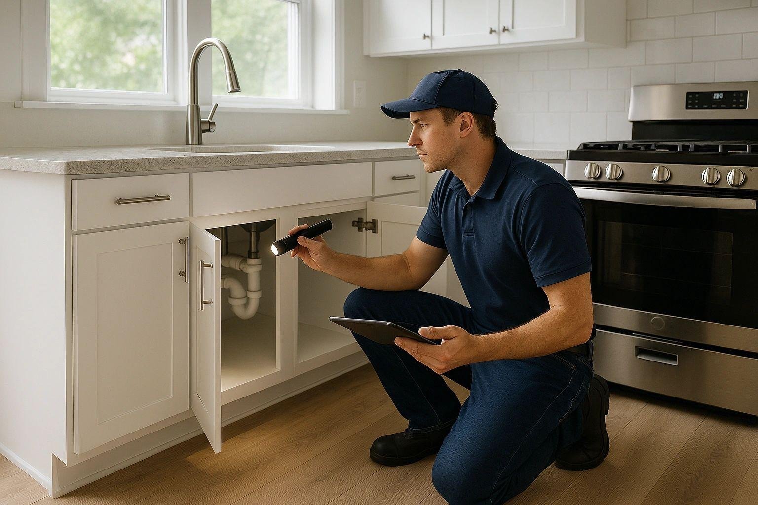 a realistic photo of a maintenance professional checking pipes beneath a kitchen sink.
