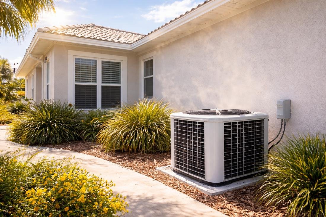 a well-maintained outdoor HVAC condenser beside a Florida residential property.