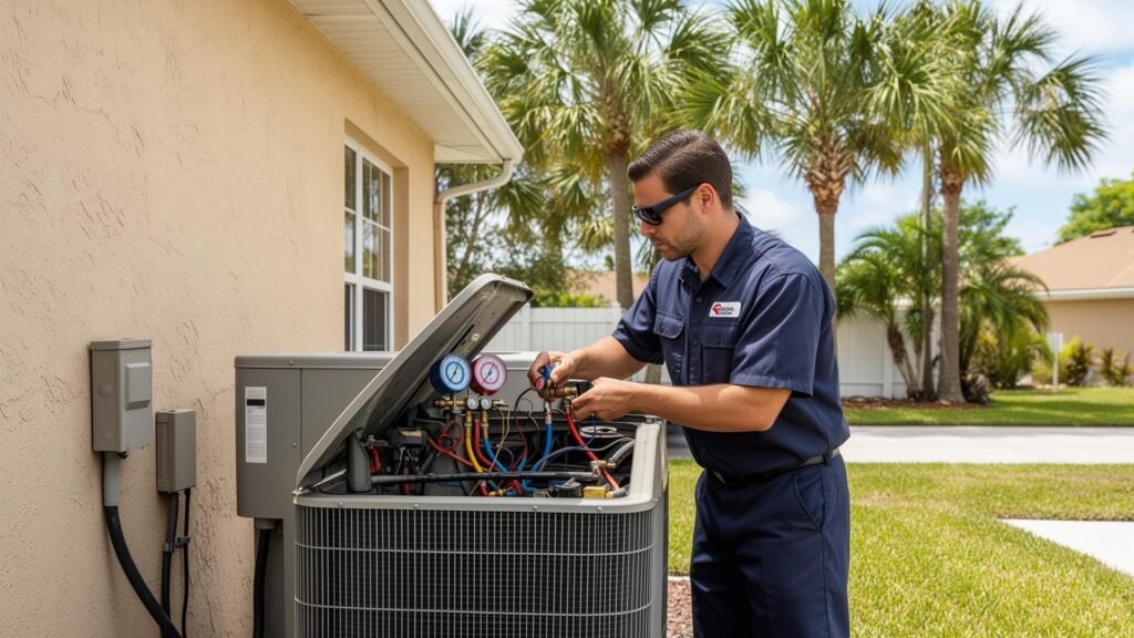 photo of a technician maintaining an outdoor AC unit at a Florida home.